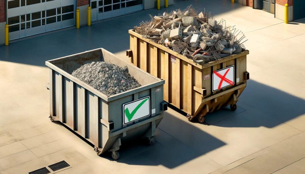Two dumpsters sit on a lot. The grey one has a green check mark on it and has only concrete. The yellow has a red 