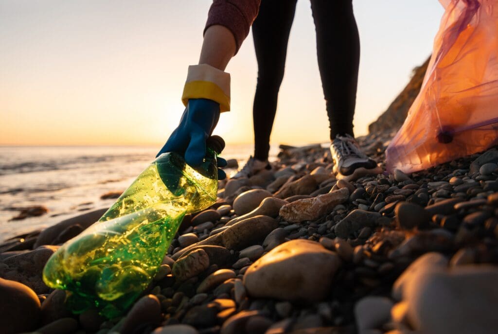 Person wearing gloves picking up a plastic bottle on a rocky beach during sunset, with a trash bag in the background.