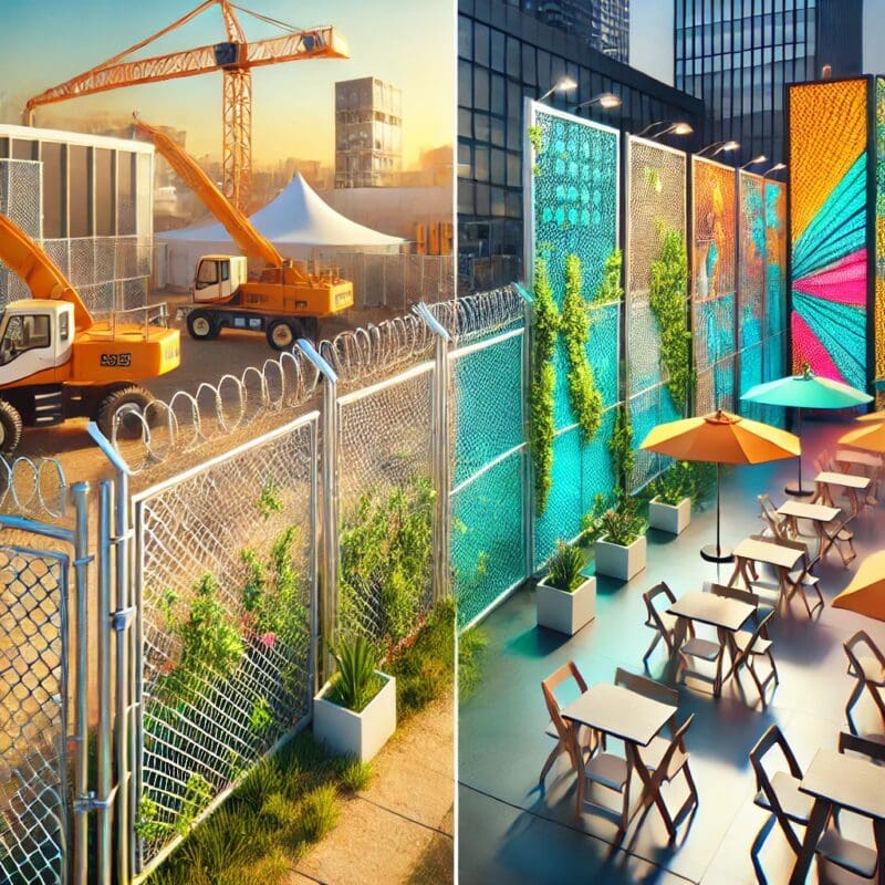 A vibrant scene showcasing a construction site and an event venue side by side, each with innovative temporary chain link fencing. The construction site features privacy slats and natural barriers like vines, while the event venue includes modular panels, windscreens, and custom signage. Both locations demonstrate different techniques for enhancing privacy and security.